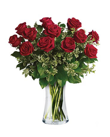 12 Long Stem Roses Vase